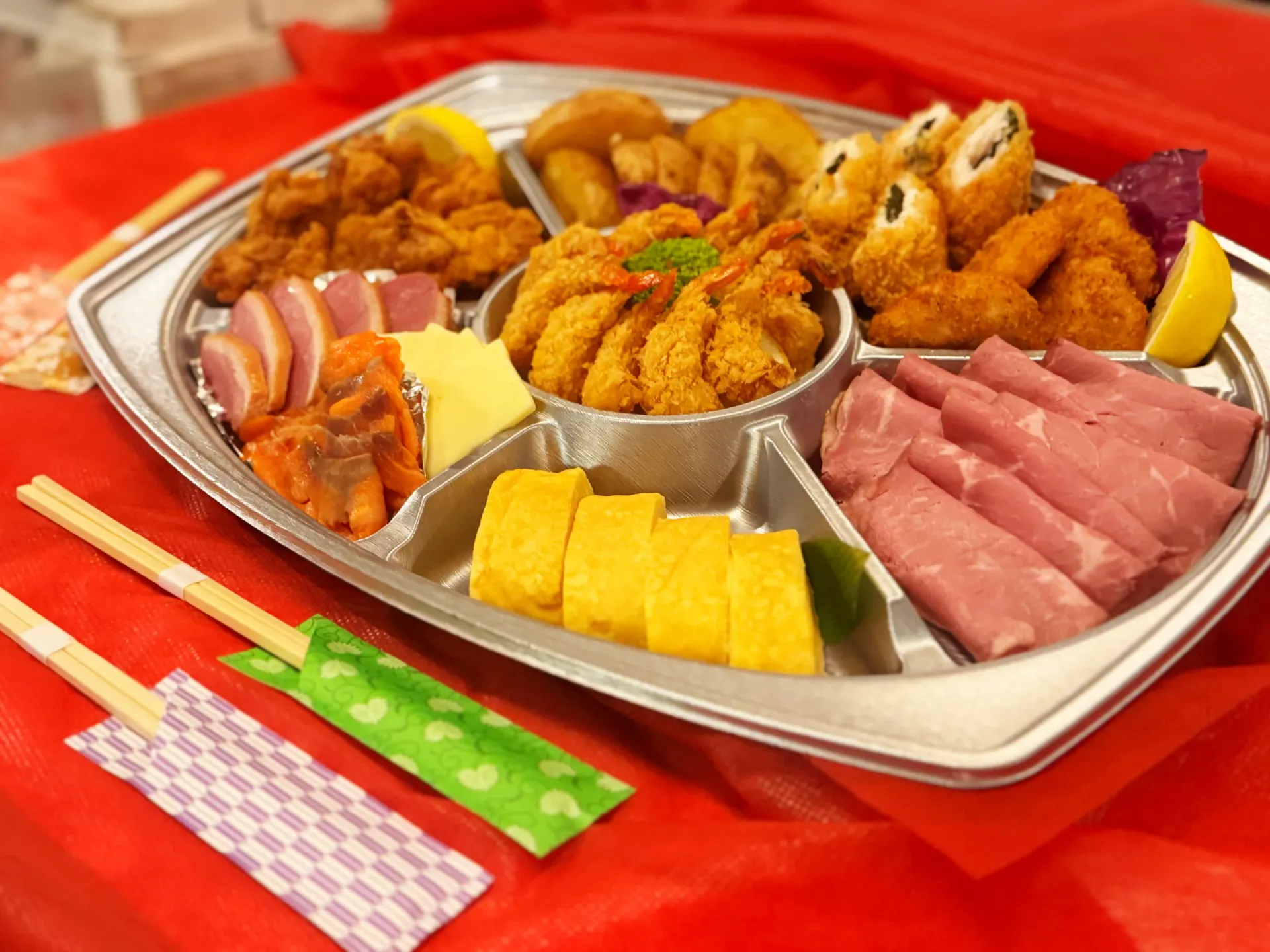 Colorful dishes arranged on a party platter